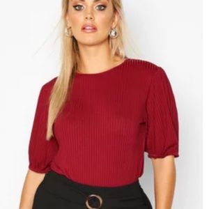 Plus jumbo rib puff shoulder top color Wine